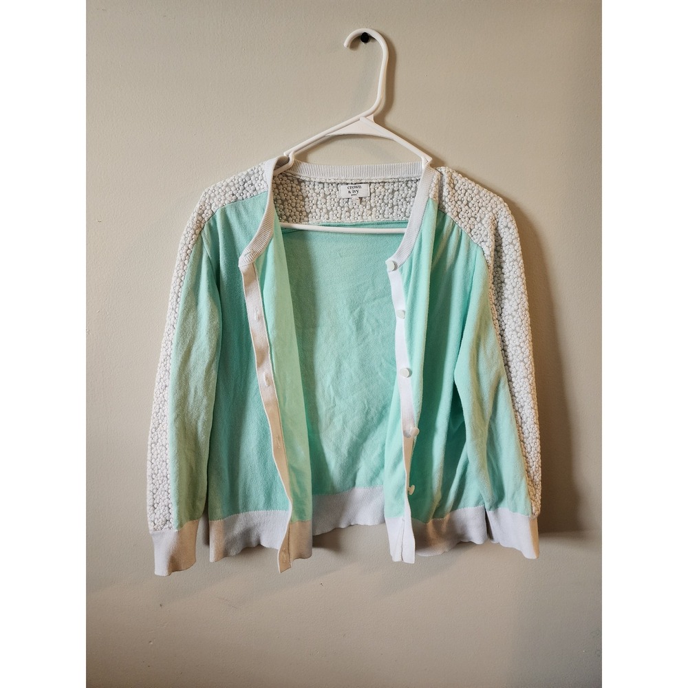 Crown & Ivy Petite Mint Green Floral Lace Crochet Button Front Cardigan PXL